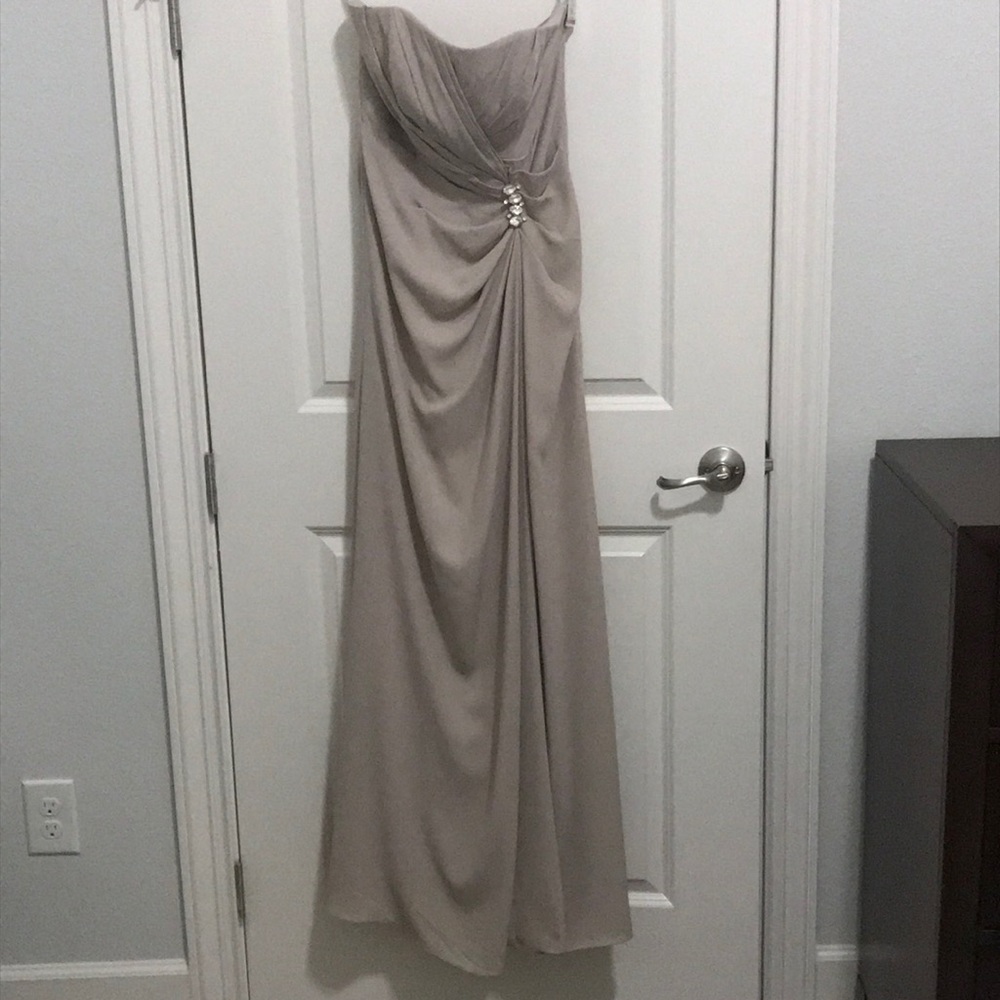 David’s Bridal champagne (biscotti) strapless dress.